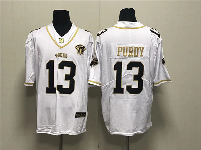 Men's San Francisco 49ers #13 Brock Purdy White Gold With 75th Anniversary Patch Stitched Jersey